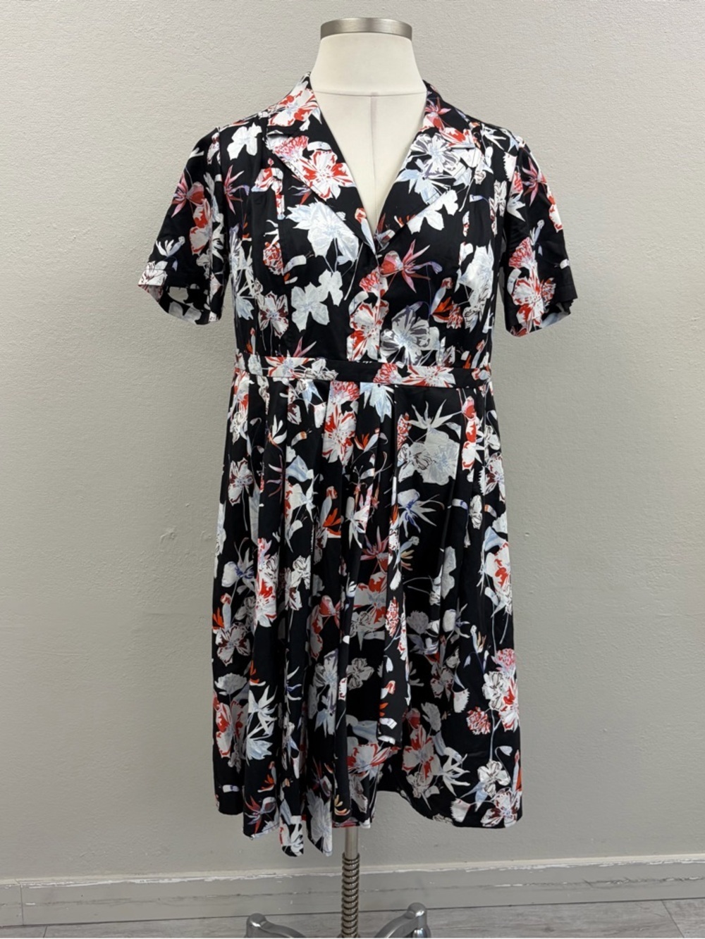 Jason Wu Black Floral Collared Midi Dress with Red & White Accents